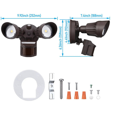 COB LED Outdoor Security Light with Motion Sensor adjustable heads and installation accessories layout