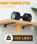 Legit Heavy Duty Floating Shelf Brackets 6 Pack With Mounting Hardware Solid Iron L Brackets For Wall Shelves Holds Up To 150 Pounds shown under a wooden shelf with dumbbell.