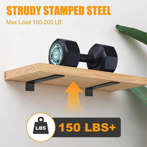 Legit Heavy Duty Floating Shelf Brackets 6 Pack With Mounting Hardware Solid Iron L Brackets For Wall Shelves Holds Up To 150 Pounds shown under a wooden shelf with dumbbell.