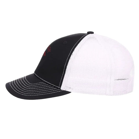 Side view of Dope Unisex Outdoor Trucker Cap With Adjustable Strap, Cool Dog And Horse Theme Hat, mesh back for everyday comfort