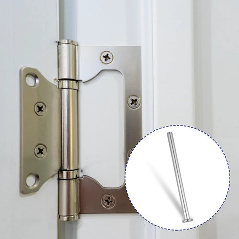 Four Pack Three Point Five Inch Door Hinge Pins Stainless Steel Replacement Kit For Interior Doors DIY Ready Hinge Bushing Repair Set With Extra Pins Silver Durable For Simple Installation And Quick Fixes showing installed hinge and pin close-up.