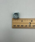Twenty Pack Square Snap In Cage Nuts With 3 8 Inch Threading Heavy Zinc Coated Steel Hardware, showing 0.66 inch square steel part next to ruler.