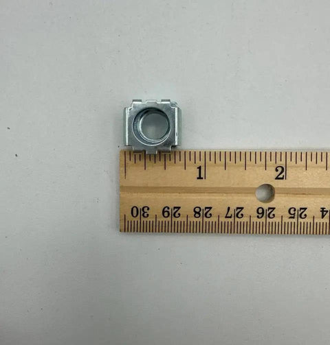 Twenty Pack Square Snap In Cage Nuts With 3 8 Inch Threading Heavy Zinc Coated Steel Hardware, showing 0.66 inch square steel part next to ruler.