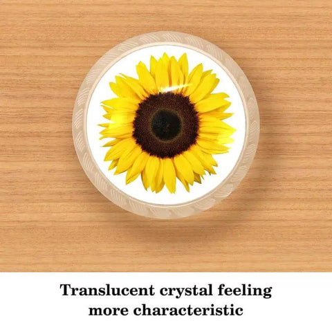 Snag Up These Fresh Transparent Round Cabinet Knobs, Tight 1.37 Inch Single Hole Drawer Pulls For Dresser Doors And Kitchen Cabinets, Killer Sunflower Pattern, Clean Home Upgrade, Four Pack showing translucent sunflower design.
