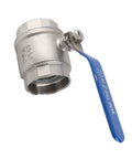 Two Inch Full Port Ball Valve Crafted From Premium 304 Stainless Steel For Heavy Duty Plumbing Jobs That Deliver Rock Solid High Pressure Flow Complete Rust Resistance And Truly Hassle Free Operation, showing valve body and blue handle.