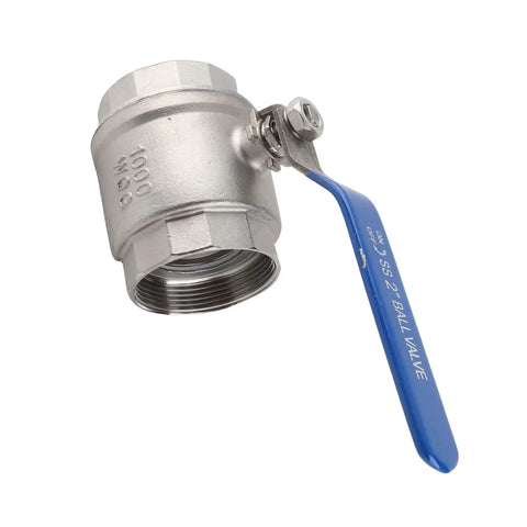 Two Inch Full Port Ball Valve Crafted From Premium 304 Stainless Steel For Heavy Duty Plumbing Jobs That Deliver Rock Solid High Pressure Flow Complete Rust Resistance And Truly Hassle Free Operation, showing valve body and blue handle.