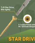 Outdoor Deck Screws Two And A Half Inch Number Nine 1000 Pack Torx Star Drive T25 Bit Included showing screw and drive bit.