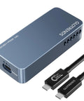 Hella Fast Eighty Gbps M Two NVMe SSD Enclosure in metallic blue with USB cables, designed for high-speed data transfer.