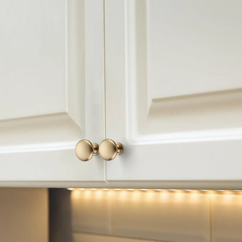 Champagne Bronze Cabinet Knobs 1-1/6 Inch Solid Zinc Alloy With Brushed Brass Finish 25 Pack Long Lasting Scratch Resistant Door Handles Easy Install For Kitchen Cabinets And Furniture Boss Look on white cabinet doors