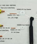 Various TIG nozzle ceramic cups and accessories with labels, including sizes and parts for welding torches.