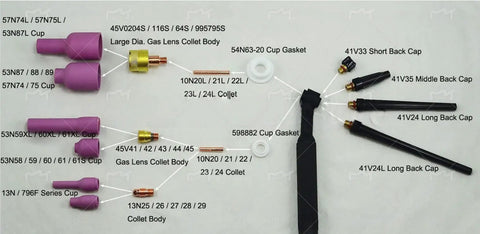 Various TIG nozzle ceramic cups and accessories with labels, including sizes and parts for welding torches.