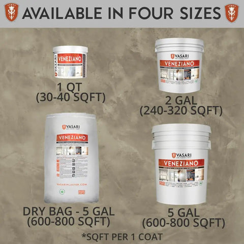 Natural Lime Plaster And Paint Veneziano Plaster Smooth Finish Pro Grade Quality in four sizes: 1 QT, 2 GAL, 5 GAL, Dry Bag 5 GAL.