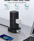 Heavy Duty Power Strip Tower Surge Protector With Sleek Low Profile Flat Plug Cord And 12 Spacious AC Outlets Plus 4 Dual Charge USB And Type C Ports making desk setup seamless, featuring 12 AC outlets.