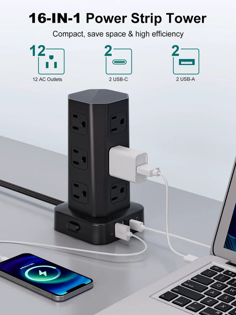 Heavy Duty Power Strip Tower Surge Protector With Sleek Low Profile Flat Plug Cord And 12 Spacious AC Outlets Plus 4 Dual Charge USB And Type C Ports making desk setup seamless, featuring 12 AC outlets.