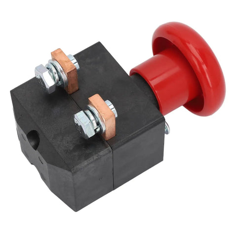 Heavy Duty Emergency Stop Button DC 80V Latching Switch IP65 Rated for Forklifts and Electric Stacker Pallet Cars with red button.