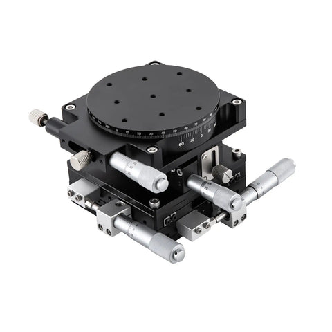 Black Workhorse 4 Axis Manual Linear Positioning Stage 90mm By 90mm with silver bearings, ideal for metrology and CNC setups.
