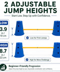 Dog Agility Hurdle Set 12 Inch Adjustable Jump Training for Backyard with two blue cones and yellow pole.