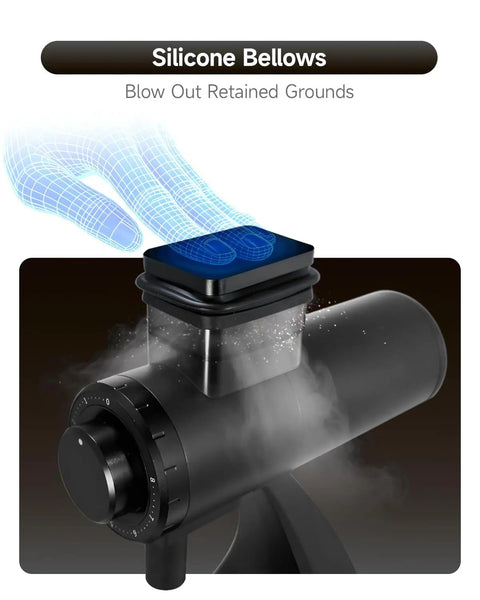 Silicone bellows for heavy duty electric coffee grinder loaded with sixty millimeter blind flat burr and forty eight precision settings.
