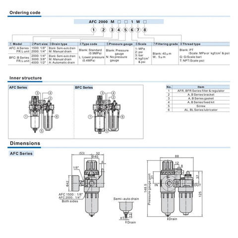 Technical diagram of Port FRL Joint Filter And Pressure Regulator Combo For Preparation Unit With SM20 PM20 Compatibility.
