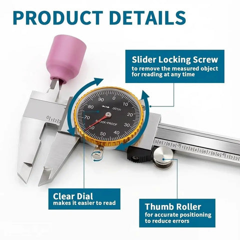 0-6 Inch Dial Caliper Set With Protective Case, 0.001 Inch Accuracy, 4 Way Measurement With Dual Jaws And Depth Rod, Shock Resistant Stainless Steel For DIY Home Improvement And Precision Machining Tasks, clear dial and thumb roller