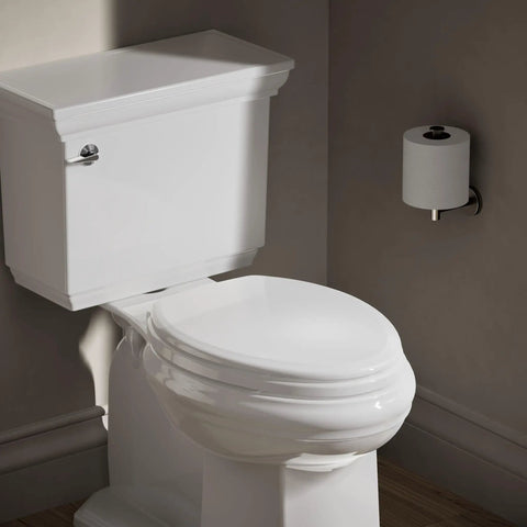 Toilet seat with color matched hinges and compression molded wood for traditional bathrooms, classic and durable.