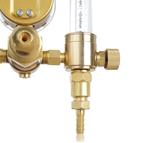 Close-up of brass dual argon regulator for TIG and MIG welding with a flow meter, showing precise control dial and fittings.
