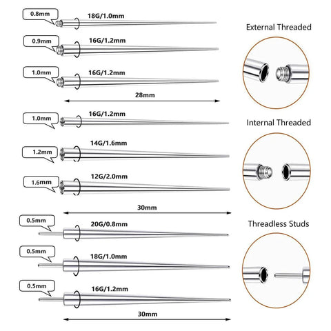 Pro Grade Stainless Steel Body Jewelry Insertion Taper Tool Set For 14G To 20G Piercing With Threadless Pins And Threaded Ball Grabber Kit flat view