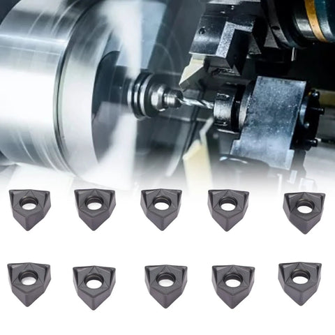 Ten black carbide turning inserts, triangular with center hole, for CNC lathe and milling