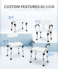 Custom design features of Heavy Duty Shower Chair With Back And Arms, Aluminum Frame, Adjustable Height, Safe Bathtub Seat
