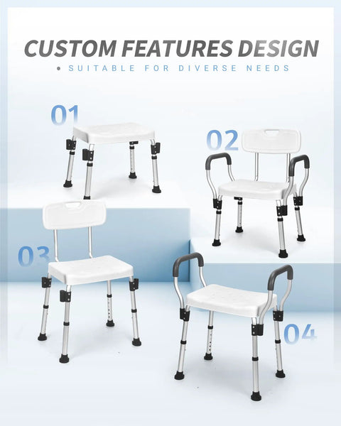 Custom design features of Heavy Duty Shower Chair With Back And Arms, Aluminum Frame, Adjustable Height, Safe Bathtub Seat