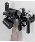 No Drill Coffee Maker Wall Mount Rack For Portafilter And Tamping Station with espresso tools and towel holder in black.