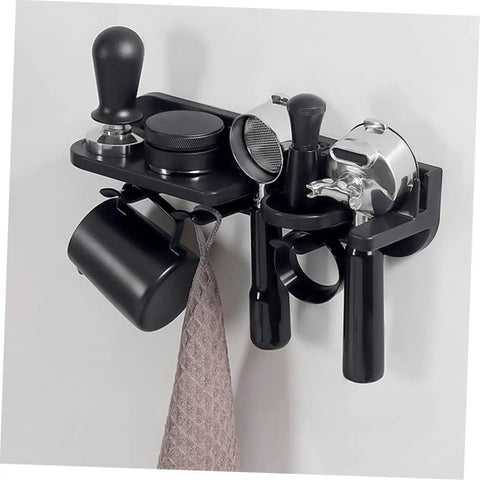 No Drill Coffee Maker Wall Mount Rack For Portafilter And Tamping Station with espresso tools and towel holder in black.