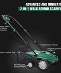 Two In One Electric Dethatcher And Scarifier For Lawns 13 Inch Walk Behind Dethatcher with collection bag and adjustable wheels