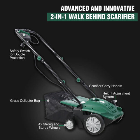 Two In One Electric Dethatcher And Scarifier For Lawns 13 Inch Walk Behind Dethatcher with collection bag and adjustable wheels