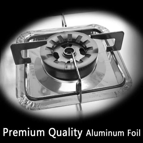 Disposable Stove Burner Liners Pack Of 50 Square 8.5 Inch Gas Rangetop Protectors in aluminum foil under burner