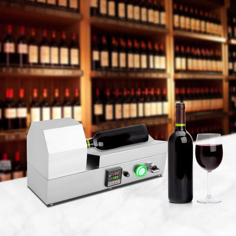 Fast Heat Electric Bottle Sleeve Shrinker Machine With Digital Temp Control For Wine Capsules Up To 70 Millimeters on countertop with wine bottle.