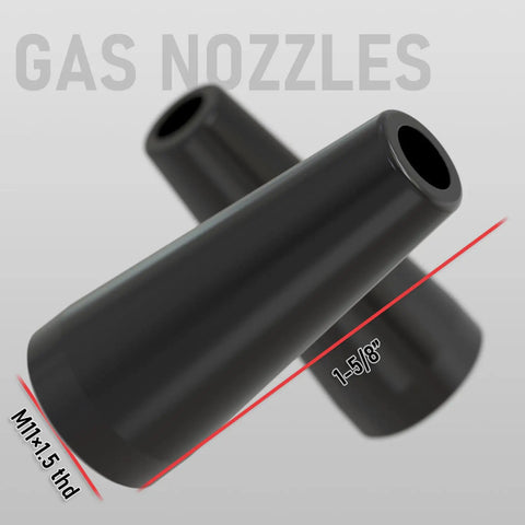 Flux Core Welding Gun Accessories Kit With 24 Pcs Includes 20 Tips.035, 2 Rubber Wood Gasless Flux Core Nozzles And 2 Gas Diffusers For Lincoln Magnum 100L Weld Pak 100HD Eastwood And Other Gasless MIG Torches, showing two black gas nozzles with dimensions M11x1.5 thd and 1-5/8 inch.