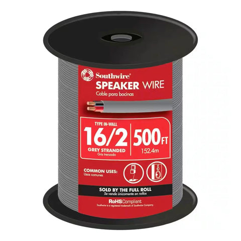 500 Feet 16 Gauge 2-Conductor Gray Stranded Copper In-Wall CL3R CMR Speaker Wire for Indoor Home Theater and Audio Installations UL Listed High Quality Cable on a spool