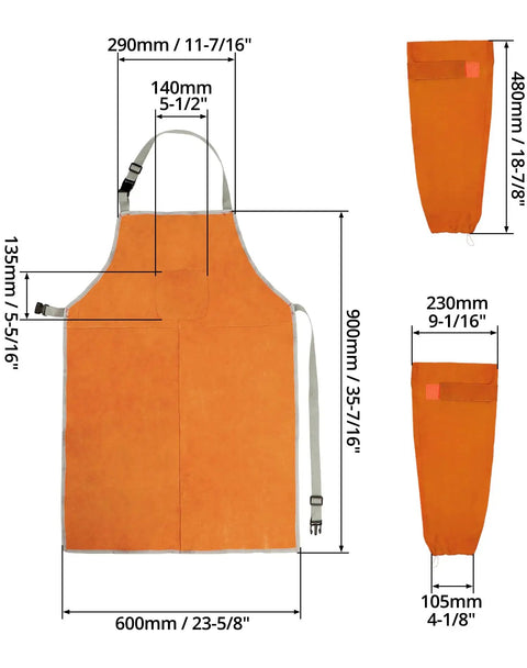 Dimensions of Welding Apron And Sleeves Set With Front Pockets For Heat And Flame Resistant Leather Shop Wear For Welders