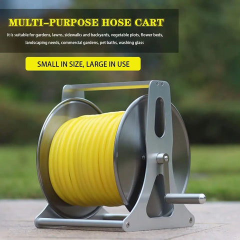 Heavy Duty Portable Hose Reel Cart with Extra Long Water Hose Beefy Stainless Steel Frame Easy Snap Together Setup for yard use.