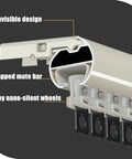 Close-up of Hella Sturdy Double Rail Sliding Barn Door Track Kit, showcasing alloy wheels and wrapped mute bar design.