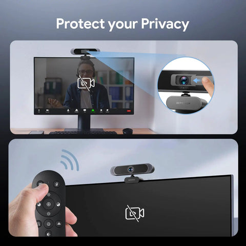 Top Shelf 4K Webcam With 1 2 55 Sony Sensor And 3X Digital Zoom Autofocus Ultra HD 30Fps Computer Camera showing privacy features on a monitor.