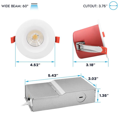 Zero Hassle 12 Pack 4 Inch Led Recessed Lighting Fixtures With Built In Junction Box measurements and design details.