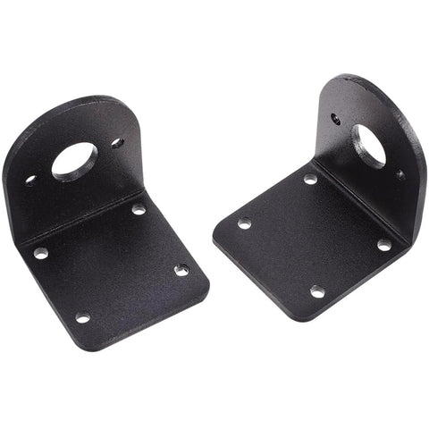 Two black metal L-shaped motor mounting brackets with base plates and multiple mounting holes