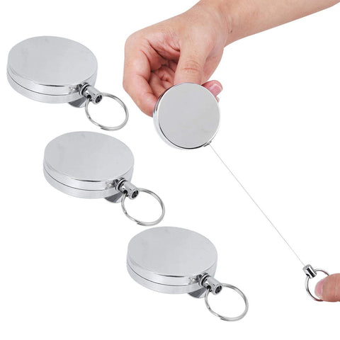 Retractable Key Ring Wire Keychain With Belt Clip Anti Theft Anti Lost Design 5 Cm Diameter Metal Electroplated Gear shown in use