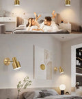 Modern Battery Powered Wall Sconces Set of 2 Wire-Free Brass Gold LED Wall Lights With Remote in a cozy bedroom setting.