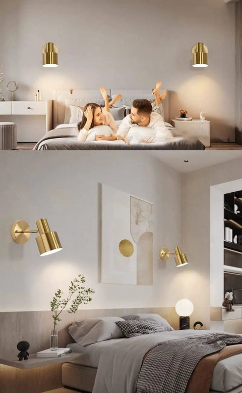 Modern Battery Powered Wall Sconces Set of 2 Wire-Free Brass Gold LED Wall Lights With Remote in a cozy bedroom setting.