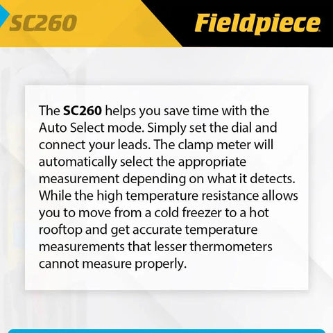 SC260 product description with Fieldpiece branding, highlighting auto select mode and temperature resistance features.