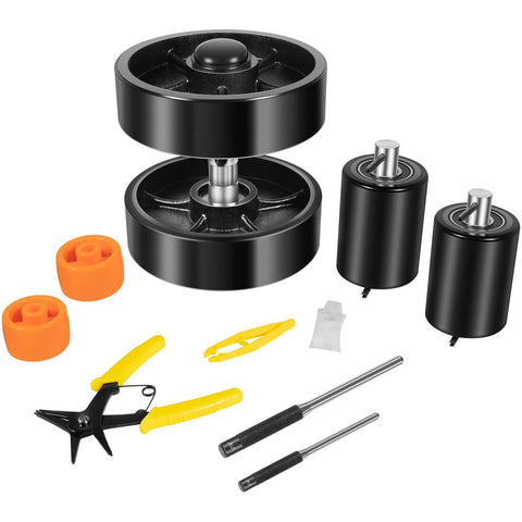 All In One Replacement Kit For Pallet Jack Wheels With Axles And Load Rollers Including Steering Wheels 7 Inch By 2 Inch And Front Load Roller 2.76 By 3.74 Black Poly Tread displayed