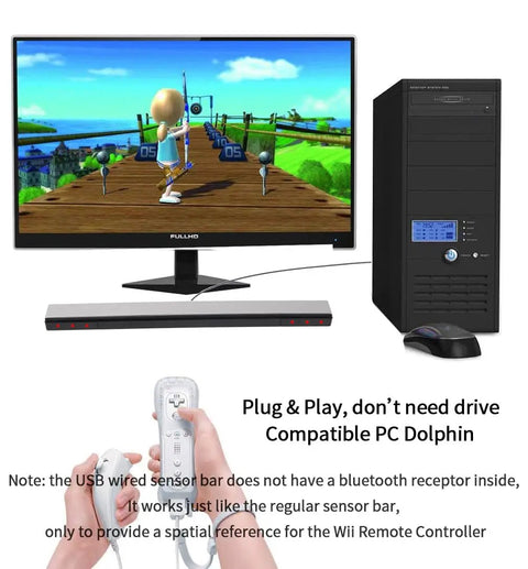 USB Wired Infrared Sensor Bar For Nintendo Wii And Wii U Replacement Sensor Bar with clear stand, plugged into PC, for Dolphin Emulator